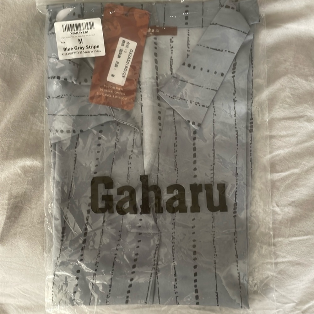 Brand new never opened Gaharu M blue gray strip shirt
